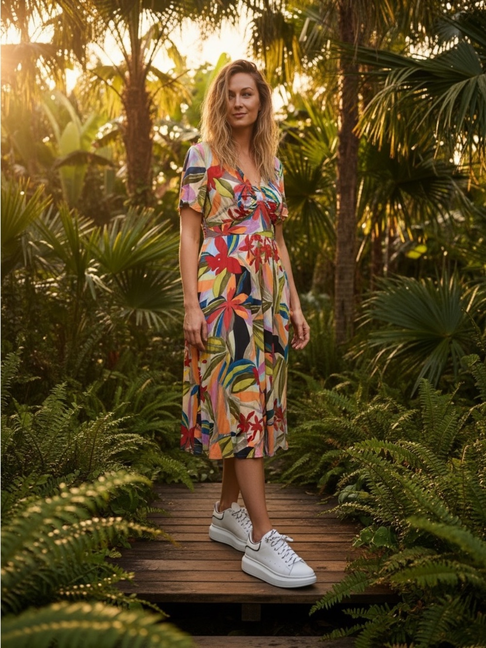 SOFT SURROUNDINGS Tahitian Tropical Floral Gemini Vibrant Midi Dress